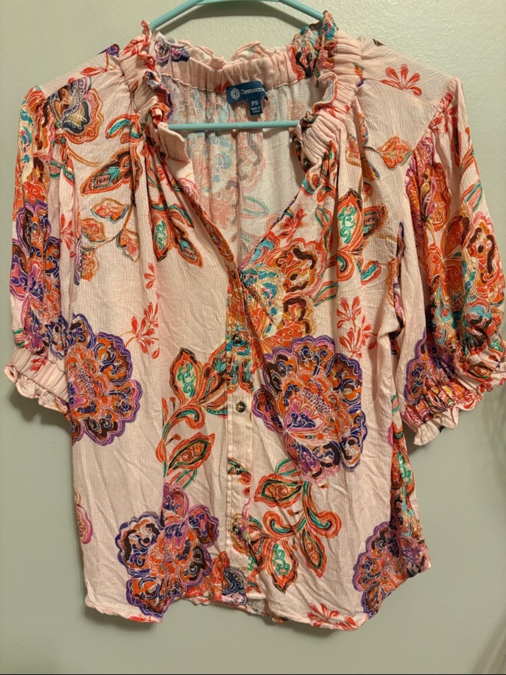 Democracy Peach Floral Button Down Peasant Blouse